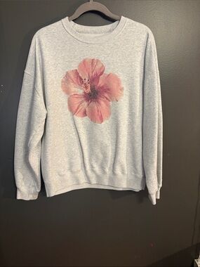 Hollister Light Gray Crewneck Sweatshirt with Pink Hibiscus